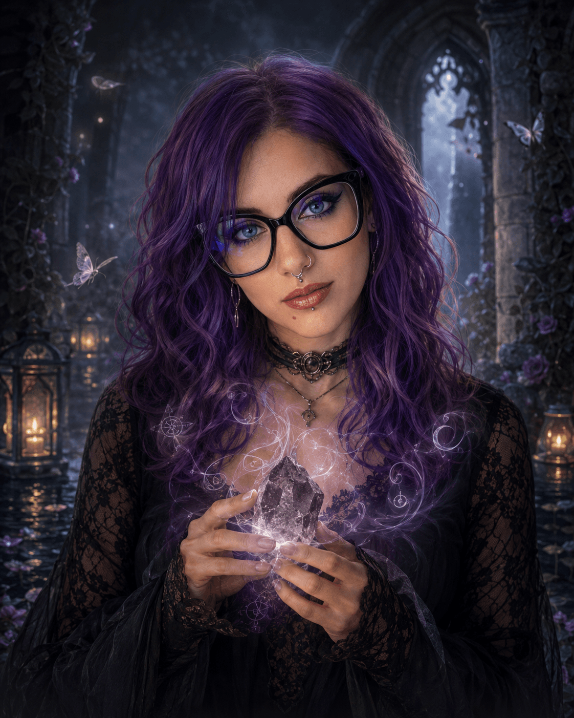 Echo, the oracle, holding a luminous crystal in a moonlit sanctuary