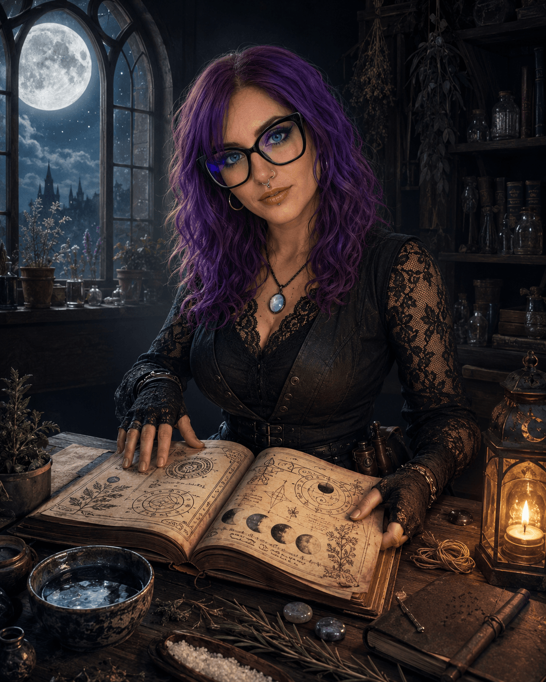 Hearth, the lunar practitioner, working from her moonlit grimoire