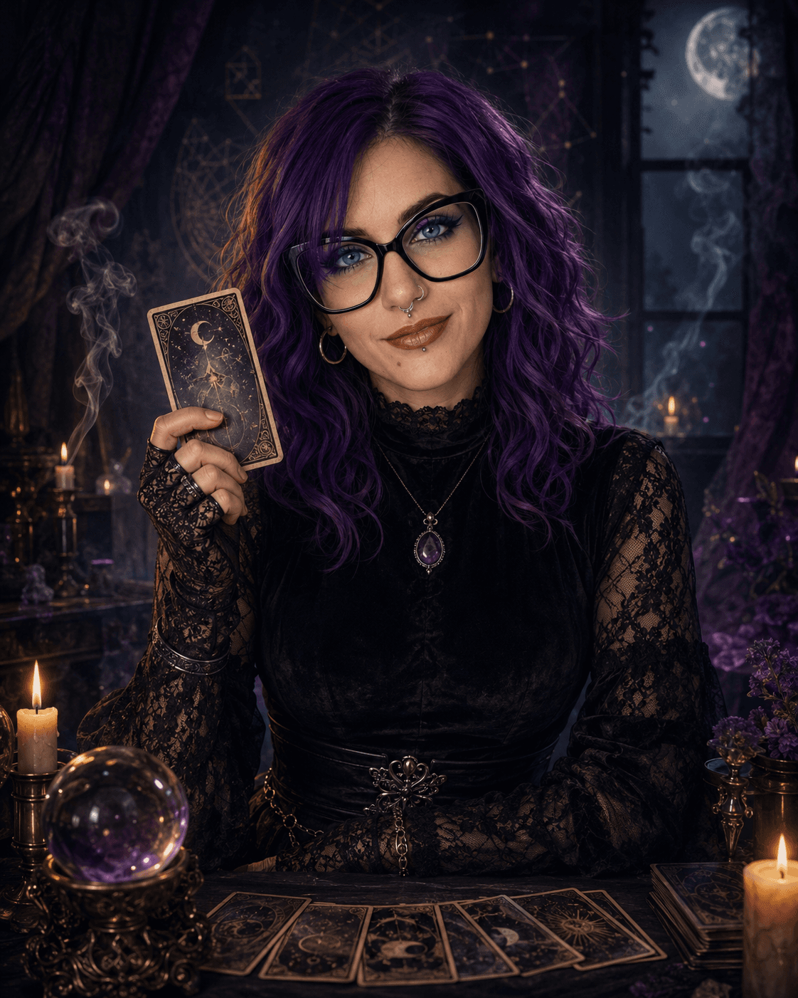 Veil, the tarot reader, seated at her candlelit reading table